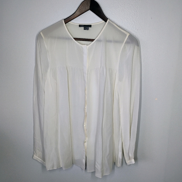 Vince Silk Chiffon Sheer Blouse Ivory Womens 8 Button Down Flowy Career Office - Picture 1 of 14